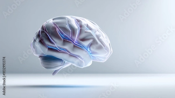 Fototapeta Translucent human brain side view with glowing neural pathways, futuristic medical technology, innovation, and intelligence concept