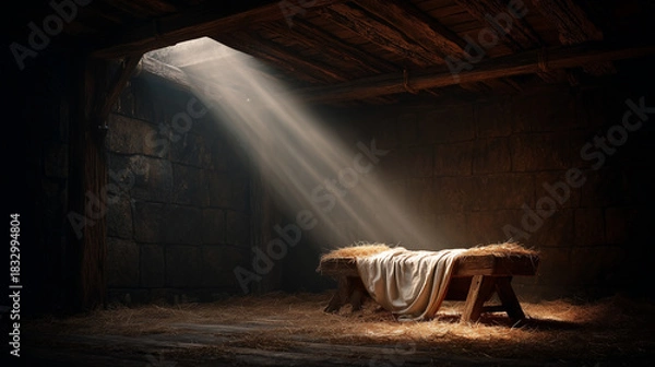 Obraz Empty Manger in Rustic Stable with Morning Light