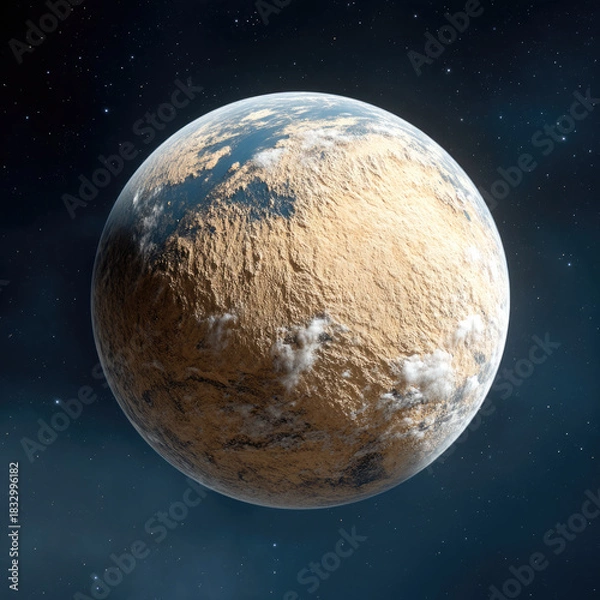 Fototapeta Arid desert planet with rocky surface, sparse clouds, blue atmosphere, floating in deep space, cosmic, mysterious, isolated