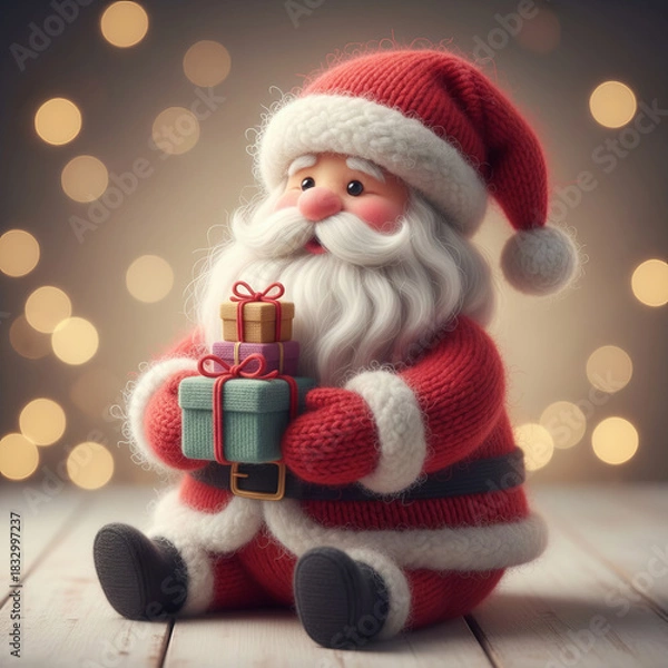 Fototapeta A charming knitted Santa Claus holding colorful gift boxes, with warm bokeh holiday lights behind him. Soft textures and adorable details create a cozy Christmas illustration.