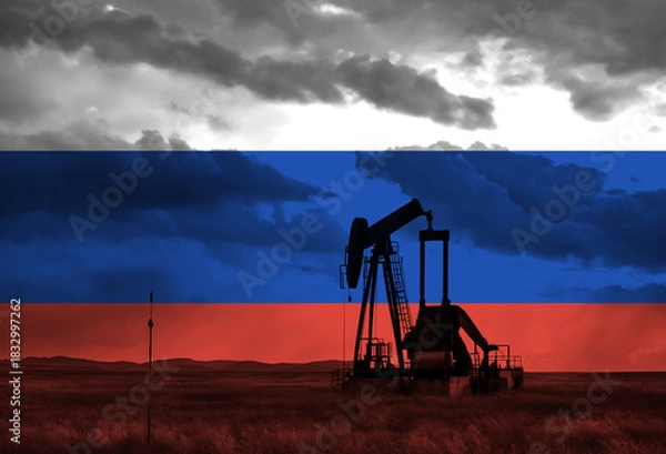 Obraz Drilling for oil in the countryside with Russian national flag overlay