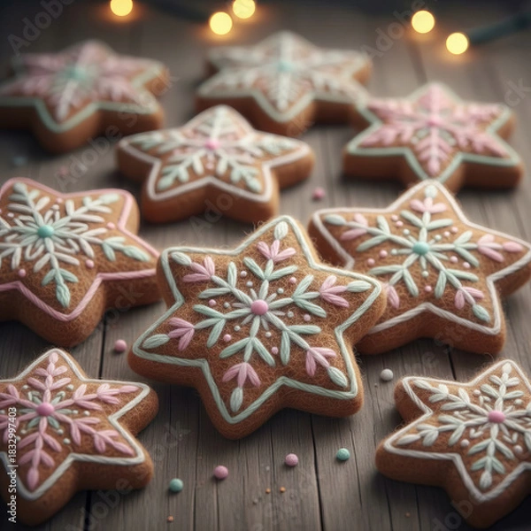 Fototapeta Beautiful gingerbread star cookies decorated with pastel knitted embroidery patterns. Soft yarn textures create a cozy handcrafted Christmas baking theme.
