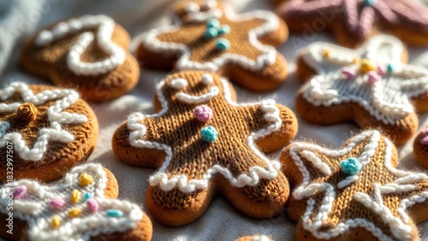 Fototapeta A close-up of festive gingerbread cookies decorated with knitted-texture icing and soft yarn details, arranged in warm sunlight. Cozy handmade Christmas treats with a wool-like surface, creating a cha