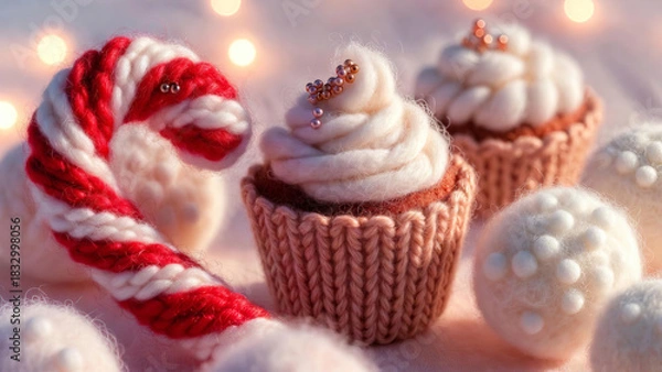 Fototapeta A soft knitted candy cane surrounded by fluffy wool marshmallows and handcrafted yarn cupcakes. A warm and whimsical Christmas scene with cozy textures, pastel tones, and festive holiday atmosphere.