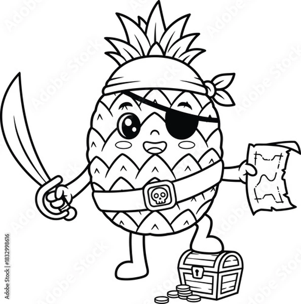 Obraz Pirate Pineapple Cartoon Coloring Page - Tropical Fruit Character Line Art Vector