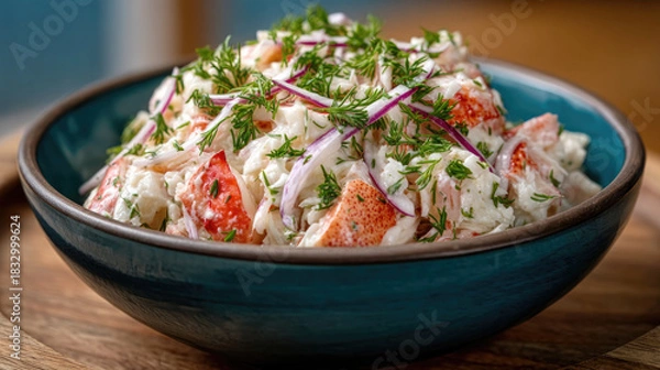 Fototapeta Fresh crab salad with creamy dressing, red onion, dill, and herbs in blue bowl, perfect for summer meals and healthy eating