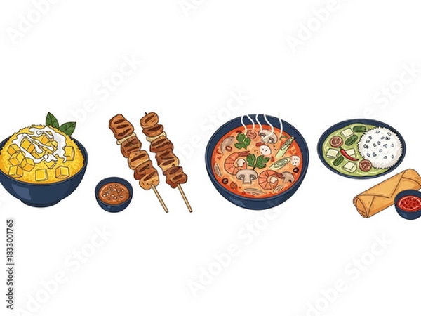 Fototapeta Diverse Collection of Authentic Thai Cuisine Dishes, Featuring Classic Curries, Spicy Soups, Grilled Skewers, and Crispy Spring Rolls, Illustrated in a Vibrant Vector Style