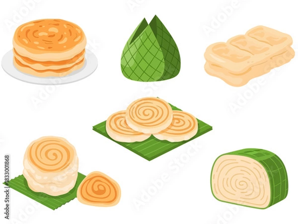 Fototapeta Various delicious baked goods and sweets, presented in a visually appealing flat design illustration