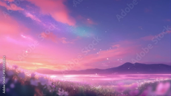 Obraz ピンクと紫のグラデーションが美しい星空の下に広がる花畑と幻想的な風景イラスト