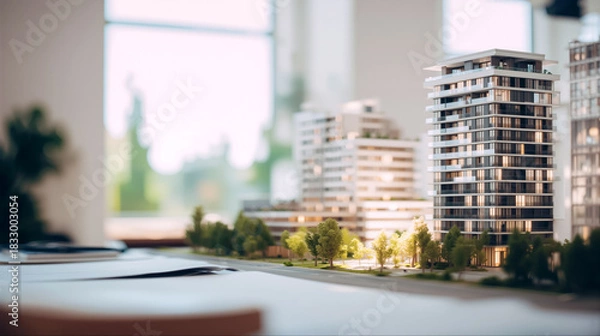 Obraz オフィスのデスクに置かれた現代的な高層マンションと緑地の精密な建築模型