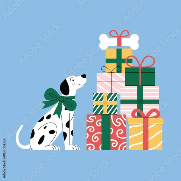 Obraz Dalmatian admiring festive gift stack topped with a bone