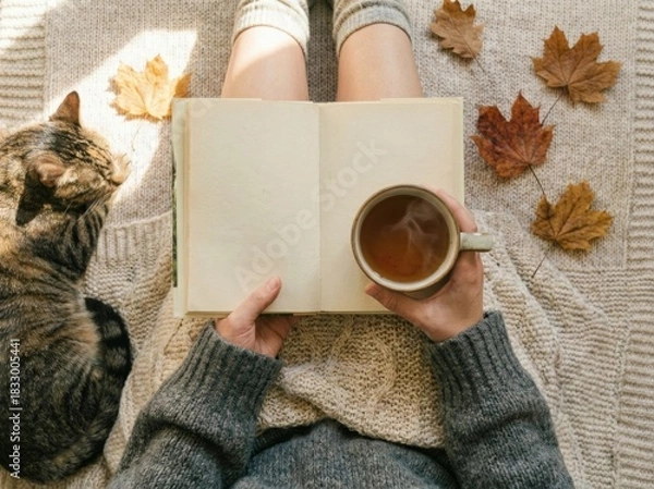 Obraz Cozy autumn scene with a person in a warm sweater reading a book and holding a cup of tea, a cat lying nearby, and colorful fall leaves scattered on a knitted blanket.