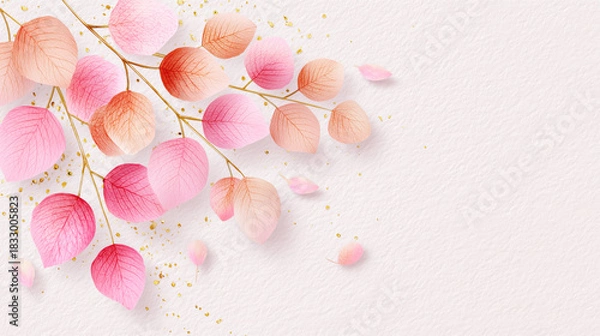 Fototapeta Soft pink and peach leaves arranged on a light textured background with delicate golden speckles creating an elegant botanical composition with