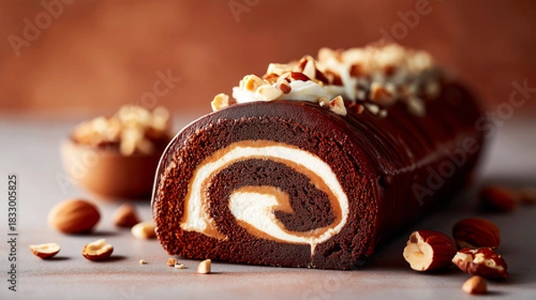 Fototapeta Chocolate roll cake with creamy swirl filling topped with chopped nuts creating a rich dessert composition with warm tones