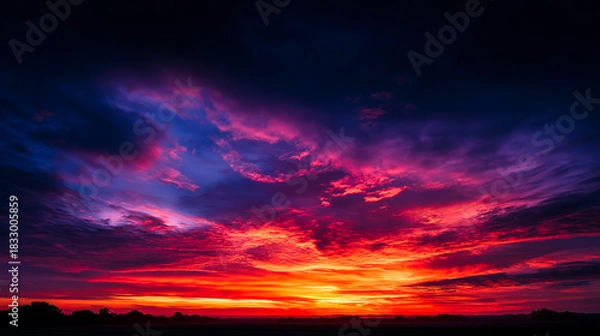 Fototapeta Vivid sunset sky with intense red, orange and purple clouds spreading across the horizon creating a dramatic atmospheric scene filled with glowing color