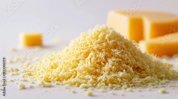 Fototapeta Grated cheese piled in a soft yellow mound with fine textured shreds and blurred cheese blocks behind