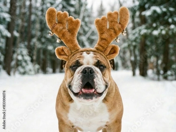 Obraz Bulldog Wearing Antlers In Snow Holiday Mascot Posing Among Pine Trees, Tongue Out, Joyful Expression, Cozy Brown Fur, Falling
