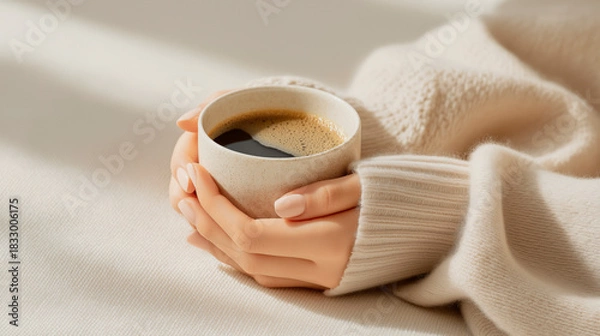 Fototapeta Hands in a soft beige sweater gently hold a steaming cup of coffee in the soft light