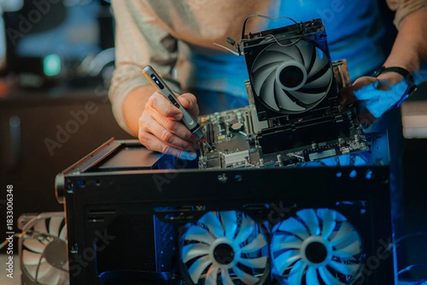 Fototapeta Man assembles a computer system unit at home