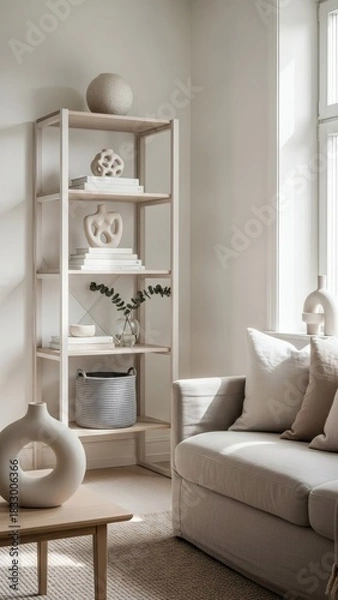 Fototapeta Scandinavian Living Room with Oak Bookshelf and Neutral Decor