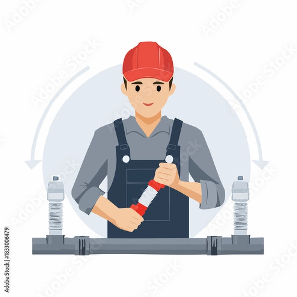 Fototapeta Plumber repairs pipe in basement with wrench, carefully tightening the connections to prevent leaks and ensure proper water flow, showcasing expertise.