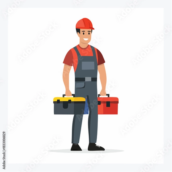Fototapeta Smiling construction worker holding two toolboxes stands confidently on a white background, ready for a new project with a positive and optimistic outlook.