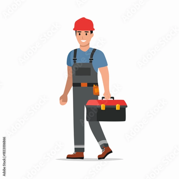 Fototapeta Smiling handyman in overalls carrying toolbox walks confidently towards camera on white backdrop, embodying professionalism and reliability.