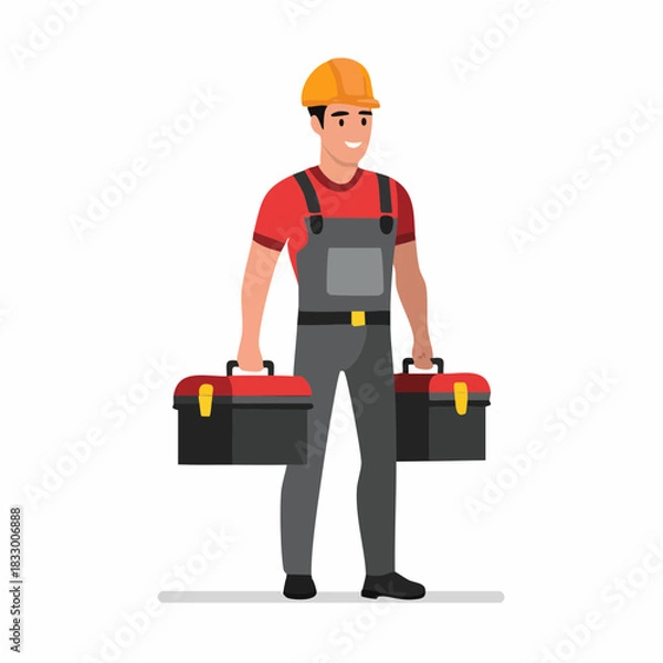 Fototapeta Smiling construction worker holding two toolboxes stands ready for work on a white background, radiating competence and a positive attitude.