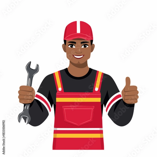 Fototapeta Smiling mechanic in red overalls holding wrench gives thumbs up in clean studio shot, conveying confidence and positive service experience.