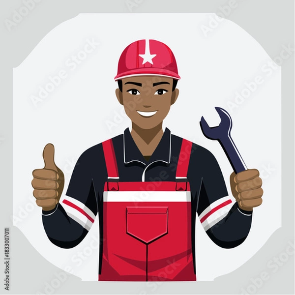 Fototapeta Smiling mechanic in red overalls giving thumbs up while holding wrench, showcasing skilled trades and positive attitude in the workplace.