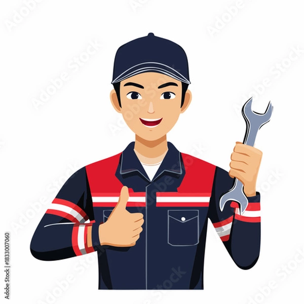 Fototapeta Smiling mechanic holding wrench and giving thumbs up in auto repair shop, showcasing expertise and positive attitude in a professional setting.