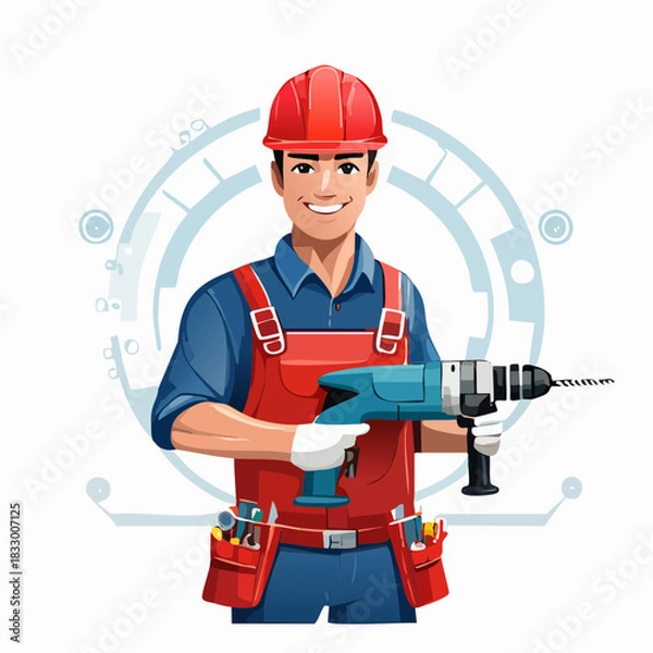 Fototapeta Smiling construction worker holding power drill on job site, ready to work with safety helmet and tool belt, showcasing skilled labor and positive attitude.