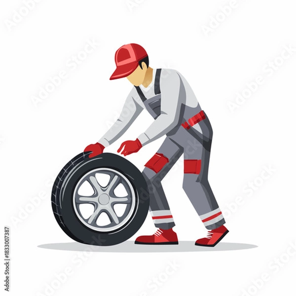 Fototapeta Mechanic in uniform rolling tire in auto repair shop, preparing to change it, showcasing the dedication and expertise of automotive professionals.