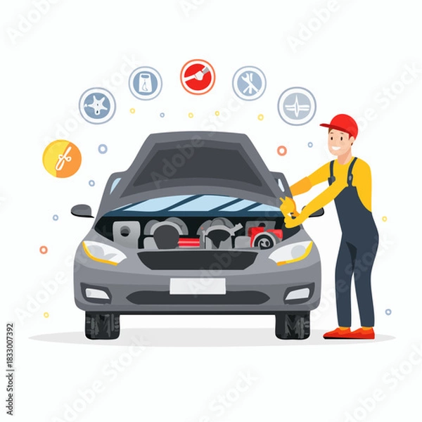 Fototapeta Smiling mechanic in blue overalls inspecting car engine in garage with tools floating above, showcasing automotive repair and maintenance in a cheerful manner.