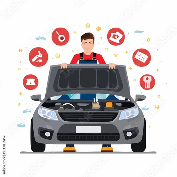 Fototapeta Mechanic standing in front of car with open hood performing maintenance in auto repair shop with tools displayed around him, representing automotive service.