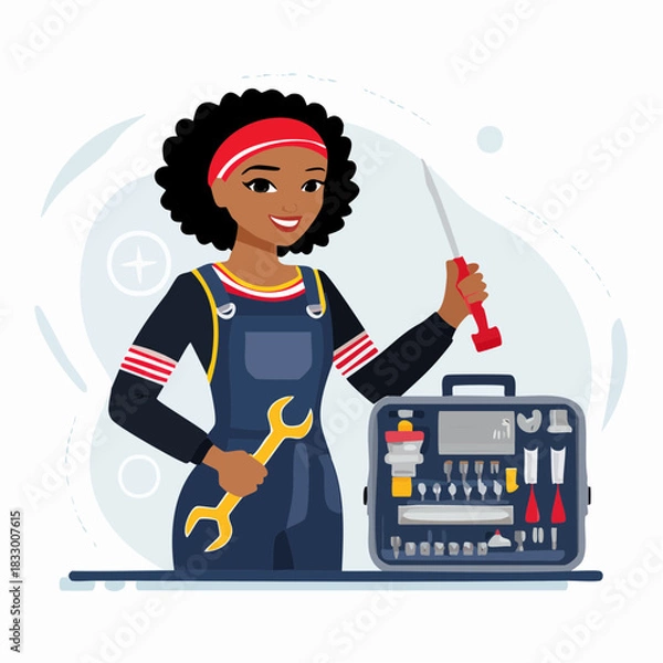 Fototapeta Smiling female mechanic holding wrench and screwdriver stands confidently next to toolbox in a bright workshop, ready for repairs, radiating competence and professionalism.