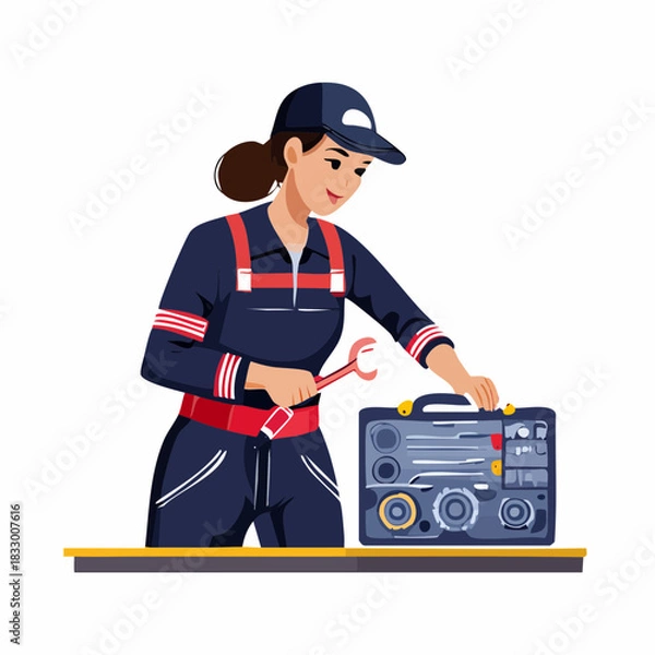 Fototapeta Smiling female mechanic opens toolbox in workshop, ready to fix machinery with determination and expertise, showcasing skilled labor and empowerment.