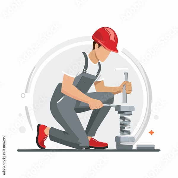 Fototapeta Construction worker tightening bolts on pipeline in industrial setting with wrench, showcasing precision and focus in demanding environment.