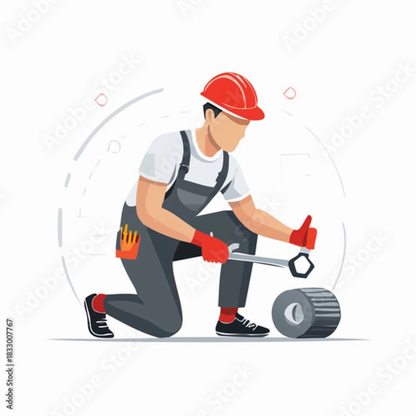 Fototapeta Construction worker in red hardhat kneeling and tightening bolt with wrench on construction site, showcasing skilled labor and industrial expertise.