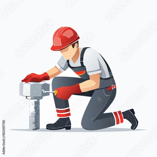 Fototapeta Construction worker tightening a large bolt with a wrench on a construction site, showcasing precision and skill in the industrial setting.