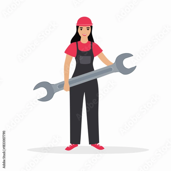 Fototapeta Smiling female mechanic in overalls holding large wrench standing in workshop ready to repair machinery with confidence and determination.