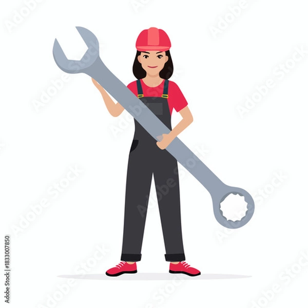 Fototapeta Female mechanic holding a giant wrench in a workshop, showcasing her strength and expertise with a confident and determined expression.