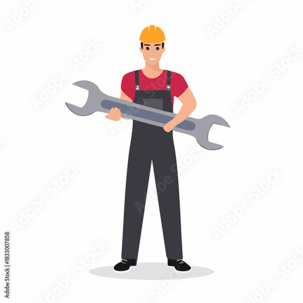 Fototapeta Smiling construction worker holding large wrench in industrial setting, showcasing strength and expertise in a confident and professional manner.
