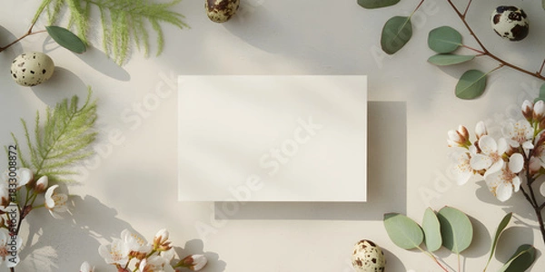 Fototapeta Flat lay of easter eggs and greenery with a blank card