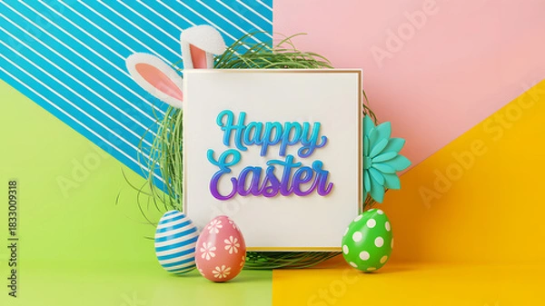 Fototapeta Happy easter greeting card with colorful eggs and bunny ears