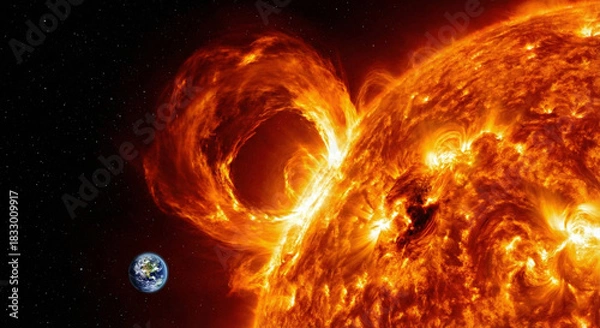 Fototapeta Massive solar flare explosion on Sun surface comparing size with Earth. Realistic space illustration of coronal mass ejection and star plasma