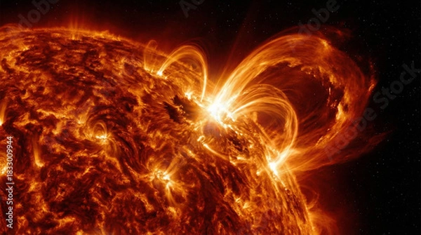 Fototapeta Dramatic solar flare and coronal mass ejection on the Sun's surface. High-detailed space illustration of powerful magnetic plasma loops and intense radiation arcs