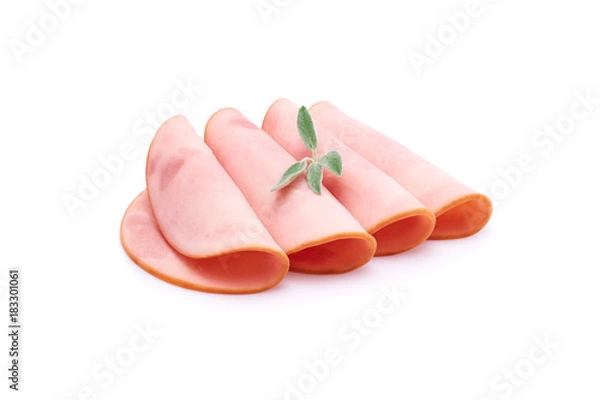 Obraz Cooked boiled ham sausage or rolled bologna slices isolated on white background with herbs and spices