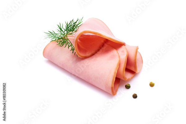 Obraz Cooked boiled ham sausage or rolled bologna slices isolated on white background with herbs and spices
