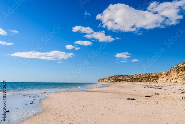 Obraz Port Willunga Beach view on a bright day with blue sky and fluffy clouds, Fleurieu Peninsula, South Australia